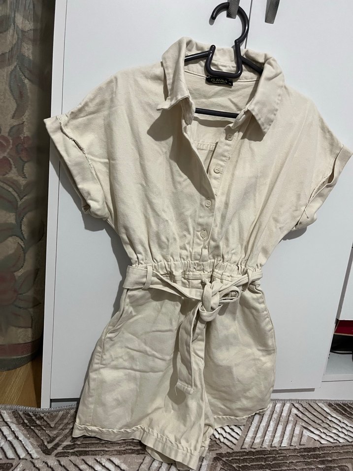 Kemerli Kısa Keten Tulum - Görsel 2