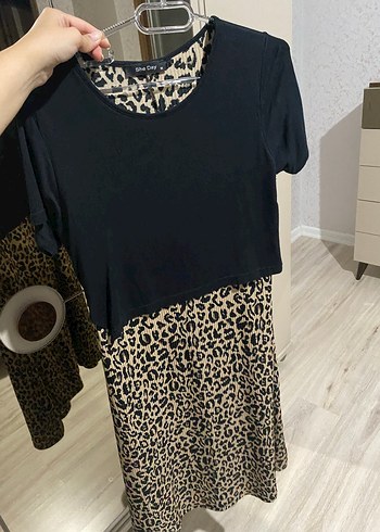 Leopar Desenli Siyah Hamile Midi Elbise