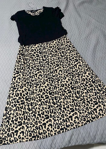 diğer Beden Leopar Desenli Siyah Hamile Midi Elbise