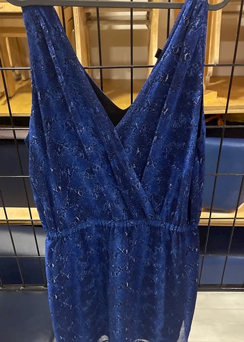 Mavi V Yaka Drapeli Midi Elbise - Görsel 5