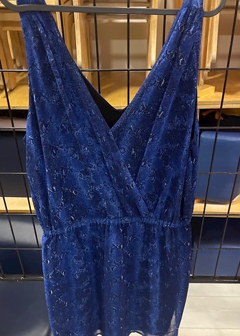 Mavi V Yaka Drapeli Midi Elbise - Görsel 2