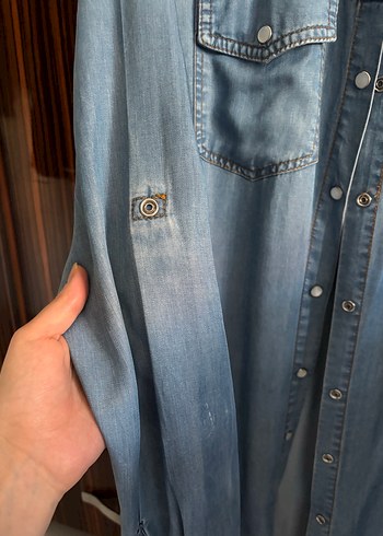38 Beden Düğmeli Mavi Denim Kadın Gömlek