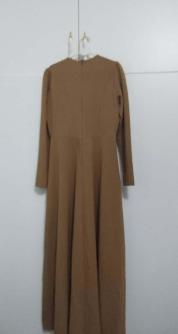 Drapeli Bej Uzun Kollu Kadın Elbise - Görsel 3