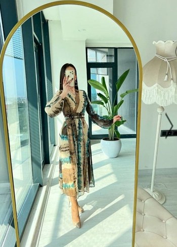 Camel Renkli Uzun Transparan kol Bohem Elbise
