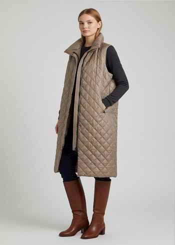 Bej Midi Kadın Kapitone Kemerli Yelek - Görsel 3