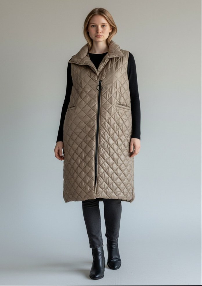 Bej Midi Kadın Kapitone Kemerli Yelek - Görsel 2