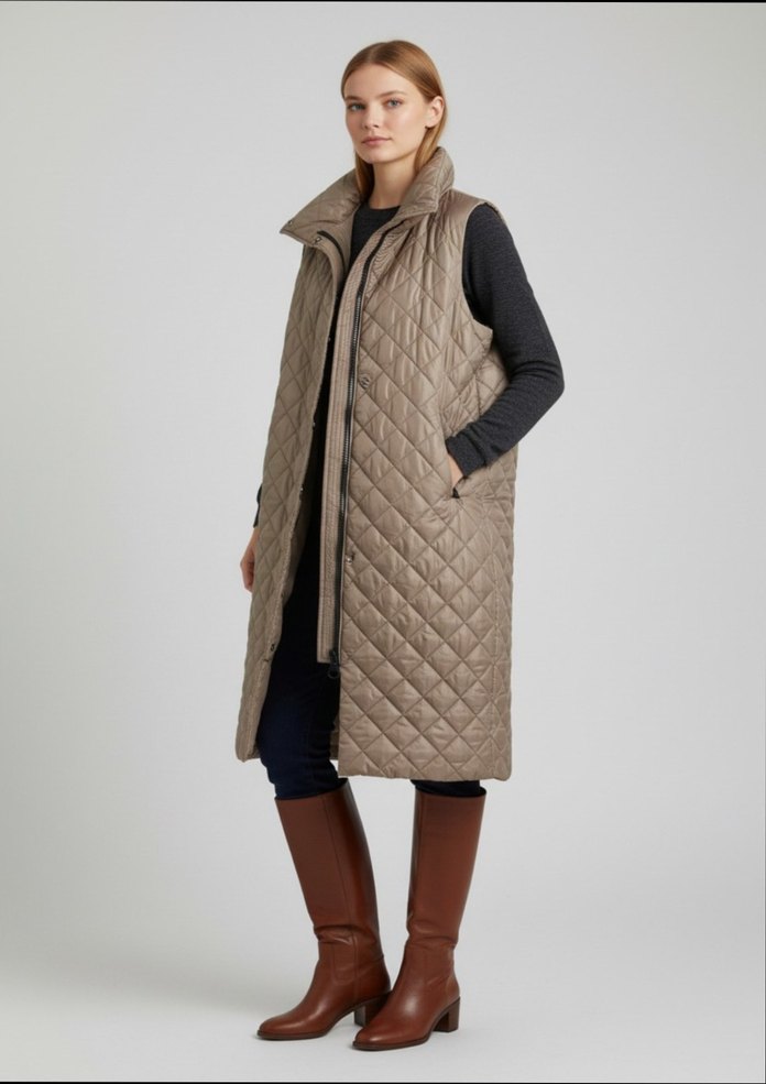 Bej Midi Kadın Kapitone Kemerli Yelek - Görsel 3