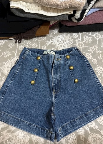 Kadın Mavi Düğmeli Mini Denim Şort - Görsel 3