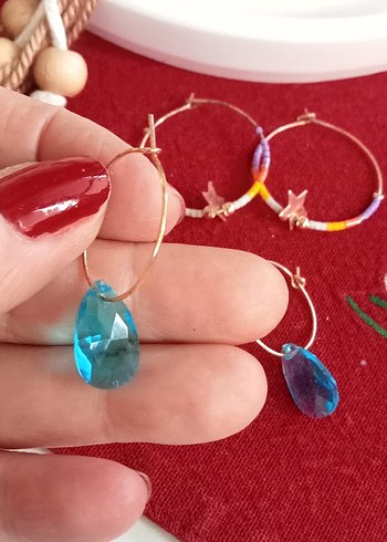 Renkli Boncuklu Bohem Halka Küpeler - Görsel 3