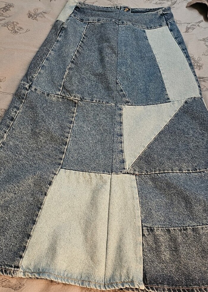Mango patchwork denim kot jean midi boy etek - Görsel 3