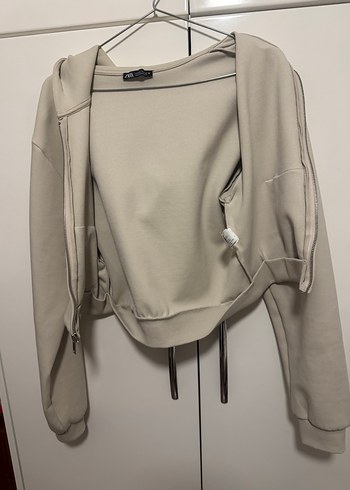Bej Fermuarlı Kadın Sweatshirt.Orjinal zara - Görsel 5