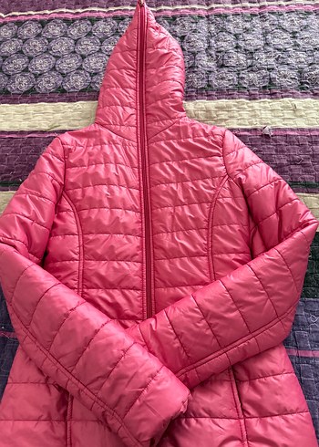 Kadın Koyu Pembe Kapüşonlu Uzun Mont batik xs - Görsel 2