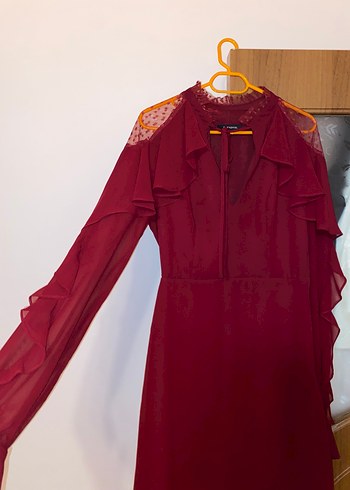 xs Beden Bordo V Yaka Uzun Kollu Mini Elbise