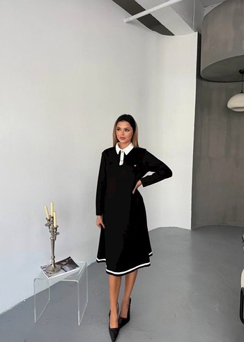 Uzun Kollu Siyah Ofis Elbisesi