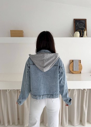 l Beden mavi Renk Kadın Açık Mavi kapşonlu Mini Denim Ceket
