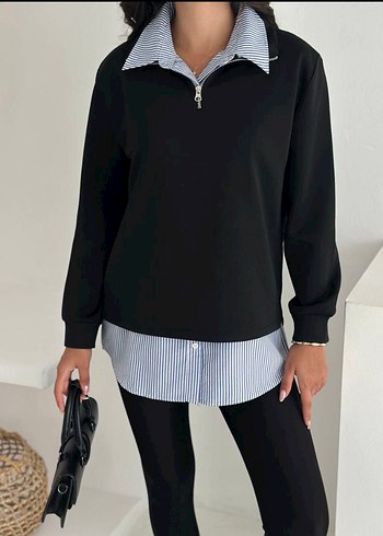 Fermuarlı Siyah Yüksek Yakalı Kadın Sweatshirt takım - Görsel 2
