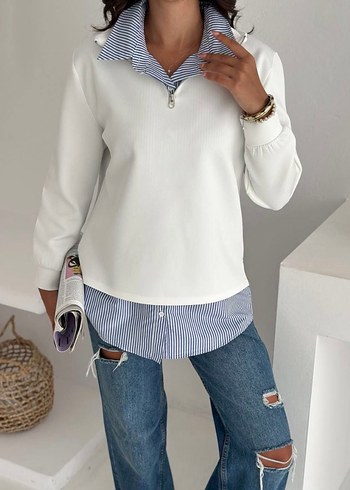 Beyaz Fermuarlı Kısa Denim Sweatshirt takım - Görsel 2