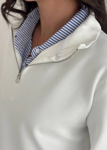 Beyaz Fermuarlı Kısa Denim Sweatshirt takım - Görsel 3