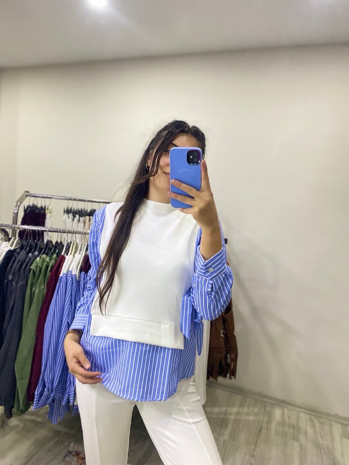 Beyaz renk garnili gömlek detaylı takım - Görsel 3