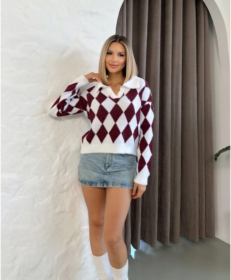 Bordo Beyaz V Yaka Kısa Örgü Kazak - Görsel 2