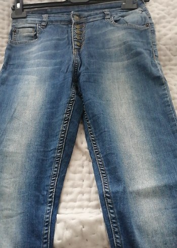 Düğmeli Mavi Kadın Denim Pantolon - Görsel 3