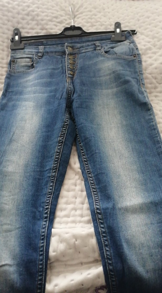 Düğmeli Mavi Kadın Denim Pantolon - Görsel 3