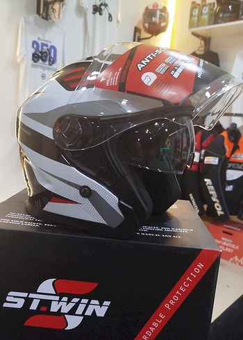 Stwin Kırmızı Gri Baskılı Biker Motosiklet Kaskı L beden - Görsel 3