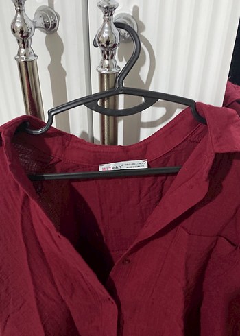 Bordo V Yaka Keten Kadın Gömlek - Görsel 2