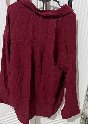 Bordo V Yaka Keten Kadın Gömlek - Görsel 3