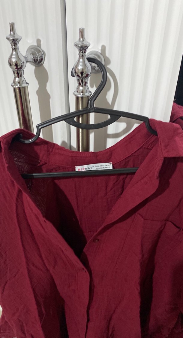 Bordo V Yaka Keten Kadın Gömlek - Görsel 2