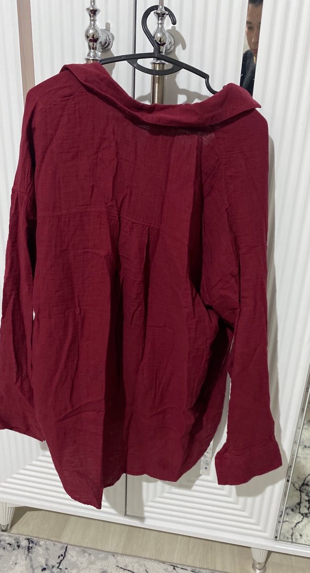 Bordo V Yaka Keten Kadın Gömlek - Görsel 3