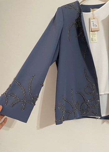 İşlemeli Mavi Uzun Abiye Takım - Görsel 3