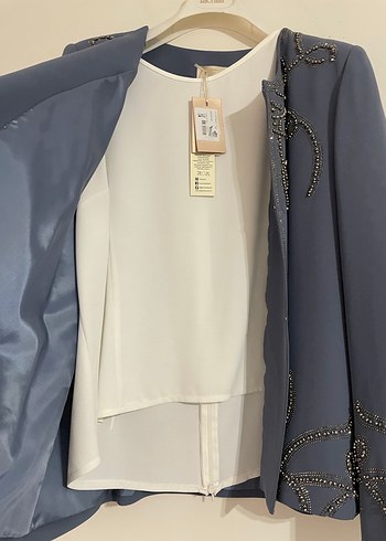 İşlemeli Mavi Uzun Abiye Takım - Görsel 4