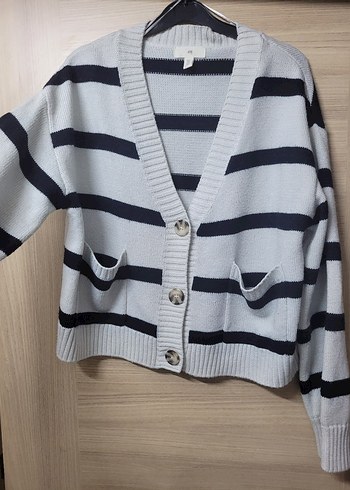 H&M Gri Çizgili V Yaka Örgü Hırka