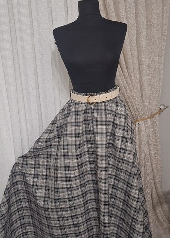 Kemerli Gri Ekose Uzun Etek - Görsel 6