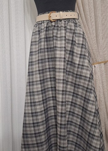 Kemerli Gri Ekose Uzun Etek - Görsel 3