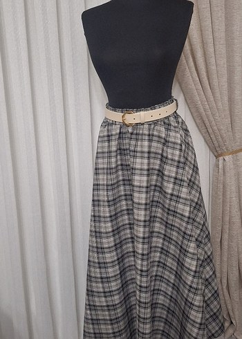 Kemerli Gri Ekose Uzun Etek - Görsel 5