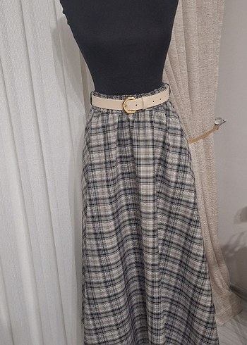 Kemerli Gri Ekose Uzun Etek - Görsel 2