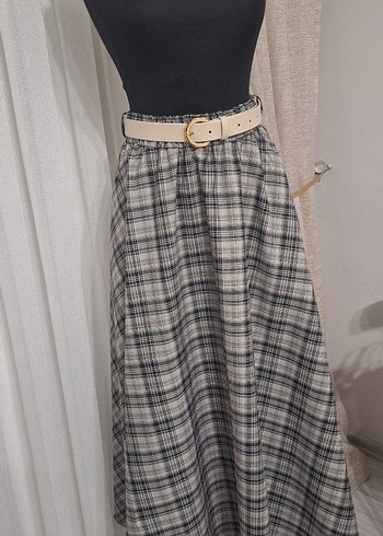 Kemerli Gri Ekose Uzun Etek - Görsel 4