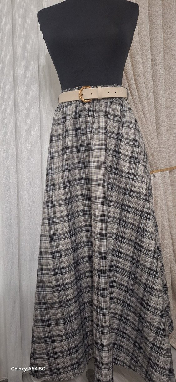 Kemerli Gri Ekose Uzun Etek - Görsel 3