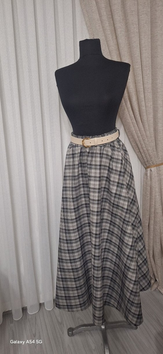 Kemerli Gri Ekose Uzun Etek - Görsel 5