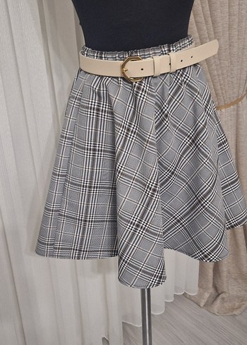 Gri Ekoseli Kemerli Mini Etek - Görsel 2