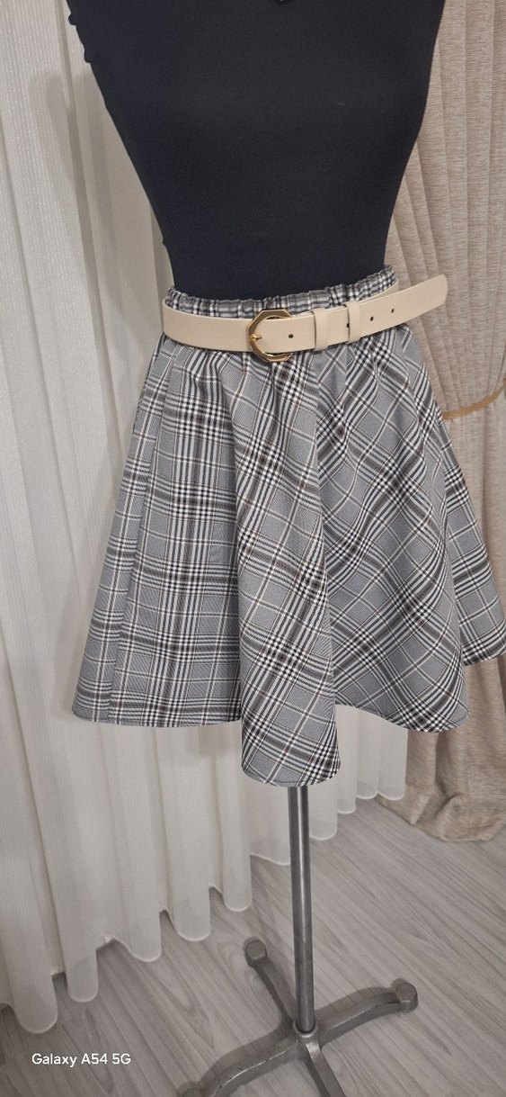 Gri Ekoseli Kemerli Mini Etek - Görsel 2