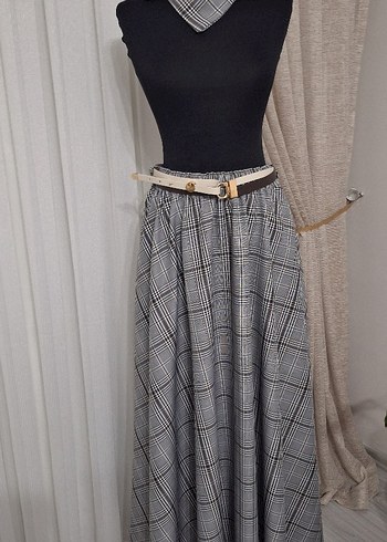 Gri Ekose Desenli Uzun Kemerli Etek - Görsel 7