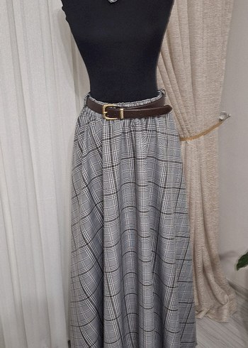 Gri Ekose Desenli Uzun Kemerli Etek - Görsel 4