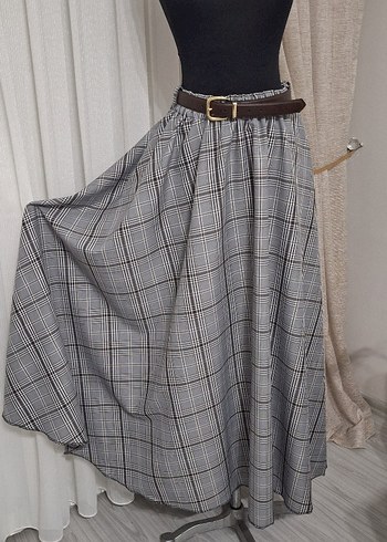 Gri Ekose Desenli Uzun Kemerli Etek - Görsel 2