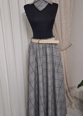 Gri Ekose Desenli Uzun Kemerli Etek - Görsel 6