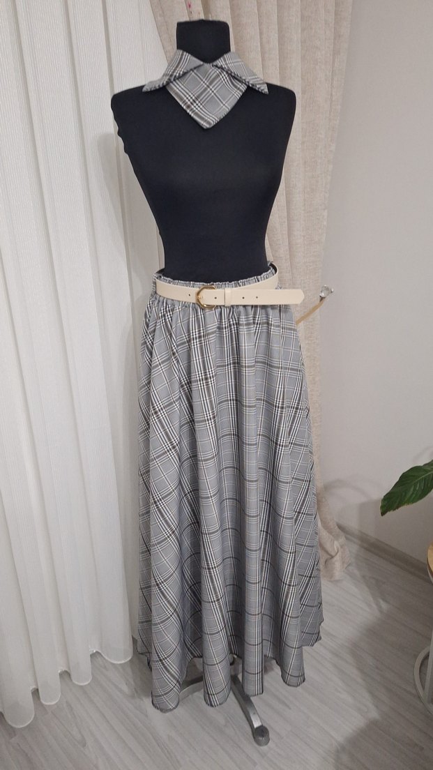 Gri Ekose Desenli Uzun Kemerli Etek - Görsel 5