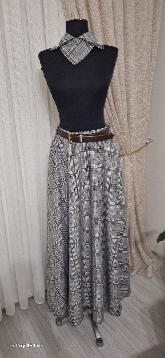 Gri Ekose Desenli Uzun Kemerli Etek - Görsel 4