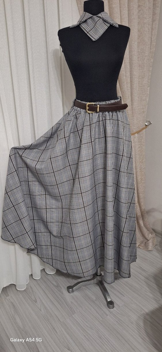 Gri Ekose Desenli Uzun Kemerli Etek - Görsel 2